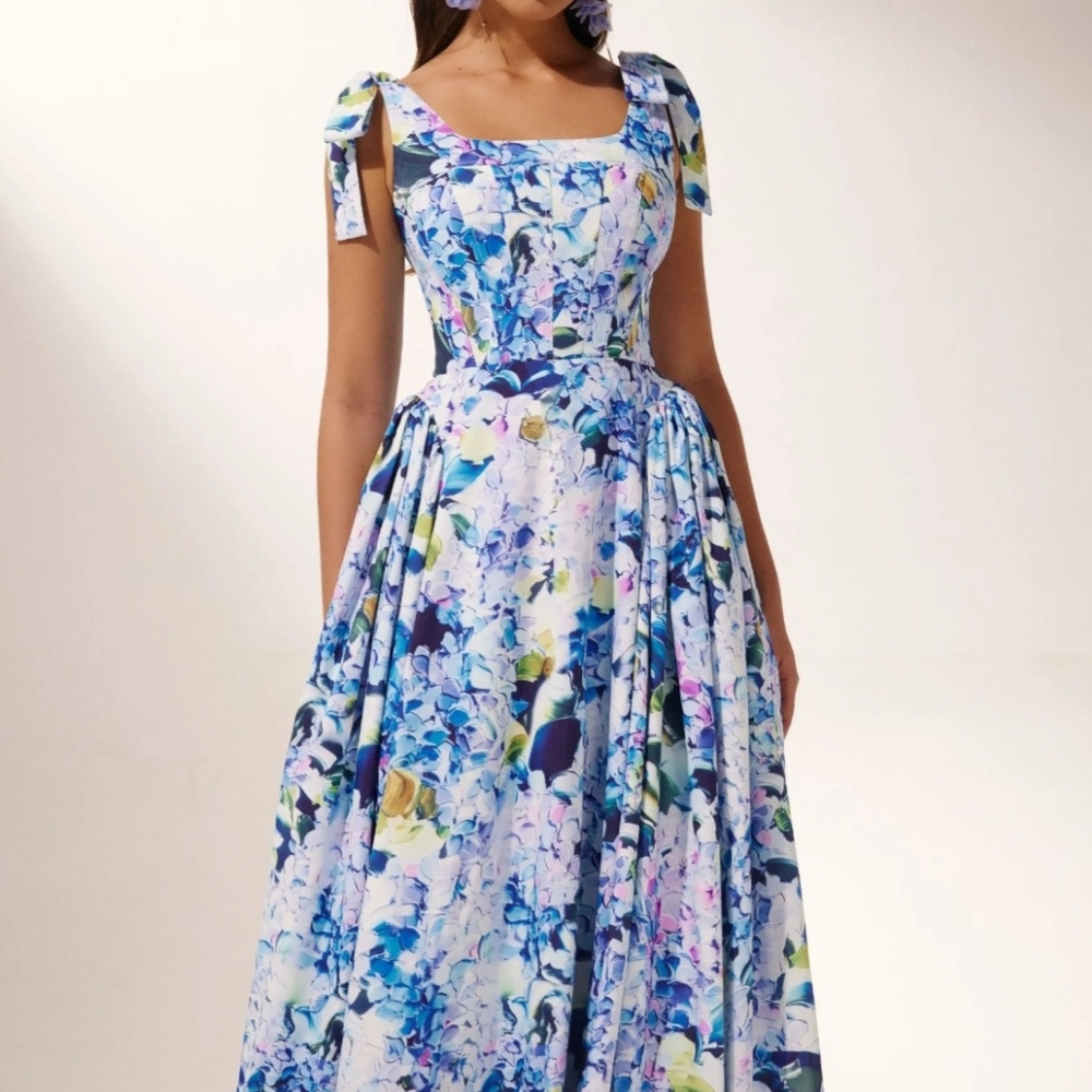 Blue and White Maxi Sundress with Square Neck and Cap Sleeves